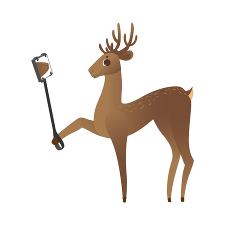 vector cute christmas reindeer making selfie by smartphone with stick. Funny winter character making photo. Merry christmas holiday design animal, isolated illustrationのイラスト素材