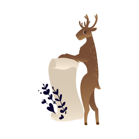 vector cute christmas reindeer holding blank paper poster. Funny winter character with place for your advertisement. Merry christmas, xmas holiday design animal, isolated illustrationのイラスト素材