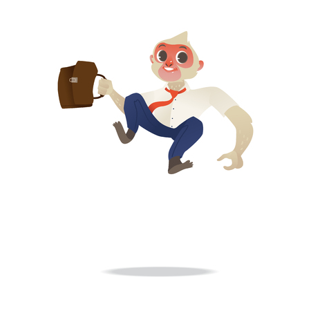 Joyful and smiling monkey in business suit with brown leather briefcase jumping happily in flat gradient style - isolated vector illustration of cheerful and successful ape office worker.のイラスト素材