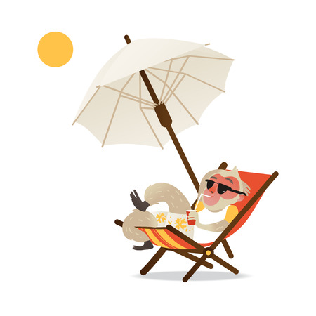 Satisfied monkey in swimwear and sunglasses lying on chaise-longue under beach umbrella, sunbathing and drinking cocktail in isolated flat gradient vector illustration style.のイラスト素材