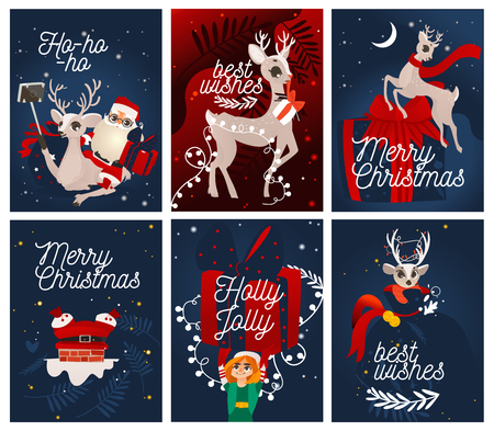 Vector xmas greeting cards, posters design with cheerful reindeer, santa claus and elf assistant with big present. Merry christmas, best wishes, holly jolly lettering with winter traditional characterのイラスト素材