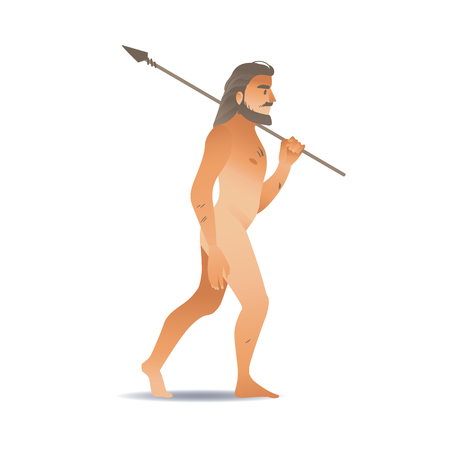 Vector sketch caveman walking naked holding long spear. Prehistory barbarian, ancient primitive homo male character. Isolated illustrationのイラスト素材