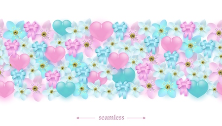 Hearts, flowers and ribbon bows horizontal seamless border pattern. Ornaments with romantic love and friendship elements for holiday design in realistic vector illustration.のイラスト素材