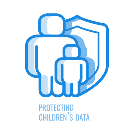 Protecting children data line icon - thin outline symbol of abstract silhouette of man and kid protected with shield in blue outline vector illustration isolated on white background, gdpr concept.のイラスト素材