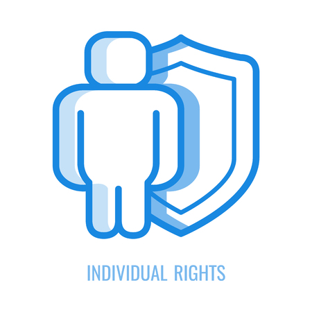 Individual rights line icon - abstract human silhouette protected with shield in blue outline vector illustration isolated on white background. Linear symbol of man legal safety and protection.のイラスト素材