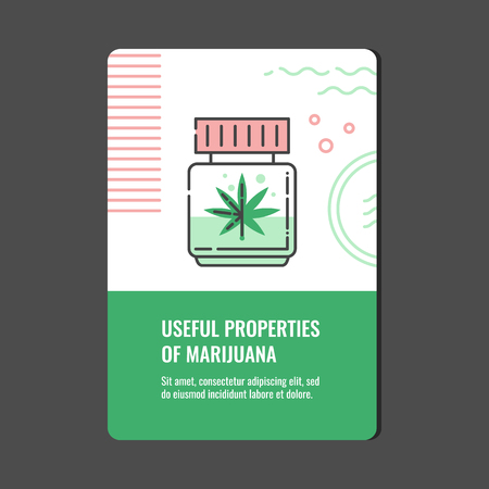 Useful properties of marijuana vertical banner with line icon of CBD oil or cannabis extract in bottle with leaf - isolated vector illustration of medical and pharmacy use of marihuana concept.のイラスト素材