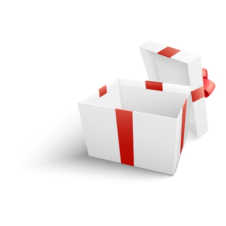 White gift box with red ribbon and bow in realistic 3d style isolated on white background - vector illustration of empty open present package. Template for congratulation design.のイラスト素材