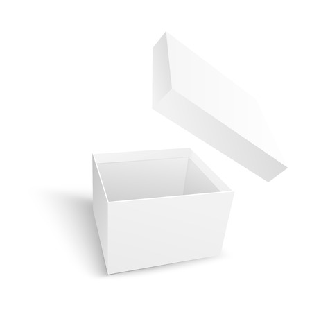 Empty open white paper box with flying cover in realistic 3d style isolated on white background - vector illustration of template or mockup for greeting and surprise design with carton package .のイラスト素材