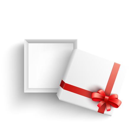 White present box with red ribbon bow top view. Vector opened surprise package for christmas, birthday celebration design. Boxing day, black friday discount banners element, isolated backgroundのイラスト素材