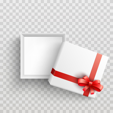 White present box with red ribbon bow top view. Vector opened surprise package for christmas, birthday celebration design. Boxing day, black friday discount banners element, transparent backgroundのイラスト素材