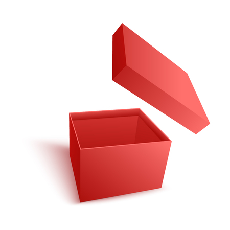Open empty red paper box with flying cover in realistic 3d vector illustration isolated on white background - carton package for surprise and giving gift and present concept.のイラスト素材