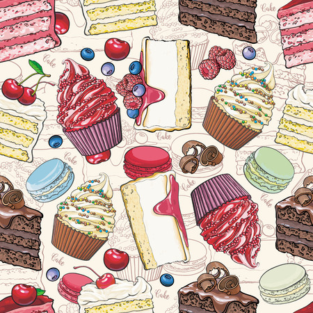 Cakes and cookies seamless pattern in sketch style - beautiful background with hand drawn bakery product with fruits and berries. Bright colorful texture with sweet desserts.のイラスト素材