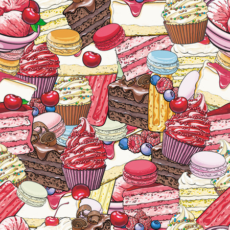 Cakes and cookies seamless pattern in sketch style. Beautiful background with hand drawn desserts with fruits and berries - bright colorful texture with sweet bakery products.の写真素材