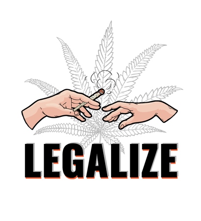 Vector illustration of two human hands with marijuana rolled cigarette with smoke isolated on white background with cannabis leaf and Legalize sign in vector illustration.のイラスト素材