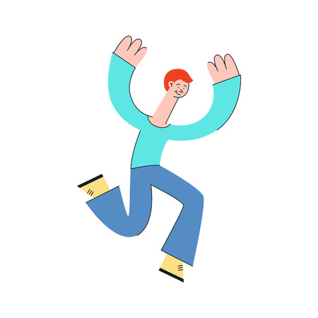 Vector illustration of smiling man jumping with happiness in flat style. Successful young male character jumping for joy isolated on white background for success or freedom concept.のイラスト素材