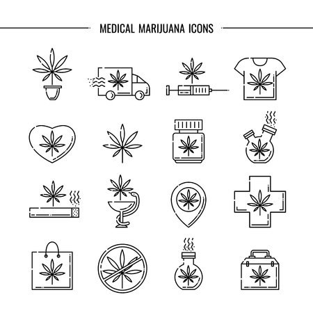 Medical marijuana icons vector illustration set - thin black outline symbols of cannabis leaf for drug consumption and hemp legalization concept isolated on white background.のイラスト素材