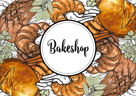 Bakeshop banner or cover with sign on white round label on background with bright hand drawn bakery products with green spices. Fresh bread, long loaf and croissants in vector illustration.のイラスト素材