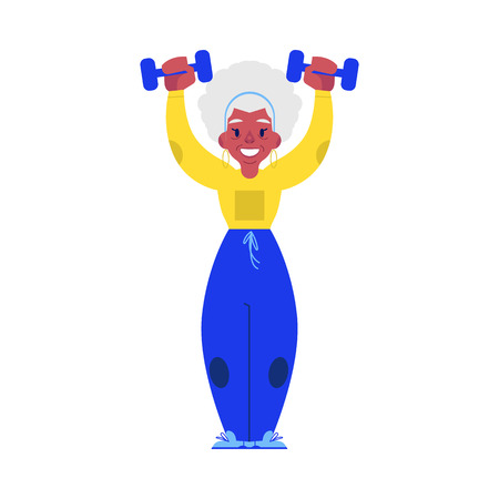 Vector flat elderly woman in sportsuit doing sport. Old female character working out with dumbbells. Grandmother at retirement, pension and healthy lifestyle.のイラスト素材