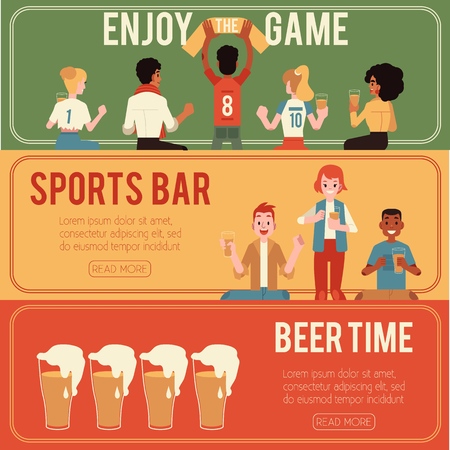 Vector illustration set of sports and beer bar horizontal banners with male and female fans supporting their favourite team and drinking alcohol drink in mugs in flat style.のイラスト素材