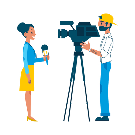 Vector yong man video reporter with beard in cap, woman correspondent reporting live on tv camera for interview for breaking news broadcast. Male, female journalist, television correspondentのイラスト素材
