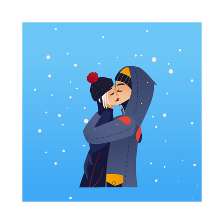 Vector cartoon couple kissing and hugging at winter standing in warm clothing, hat and boots. Young man and woman lovers express care and love romantic characters on snowfall backgroundのイラスト素材