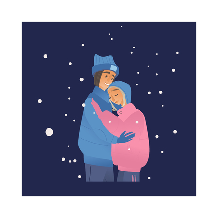 Vector illustration of young couple hugging under snowfall at night in winter time - romantic scene of happy cartoon male and female characters in warm clothes embracing outdoor in cold season.のイラスト素材