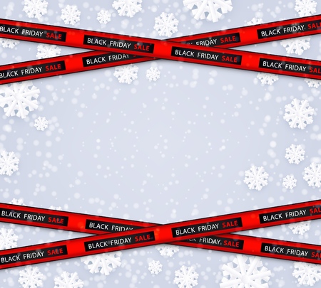 Vector illustration of black friday sale template with empty space for text - red realistic ribbons on blue background with paper snowflakes for holidays and seasonal special offer banner.のイラスト素材