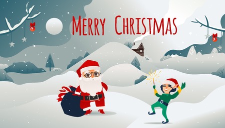 Christmas banner vector illustration with Santa Claus with bag full of gifts and cheerful elf with sparkler standing on background of landscape with snowy hills and cozy rustic house.のイラスト素材