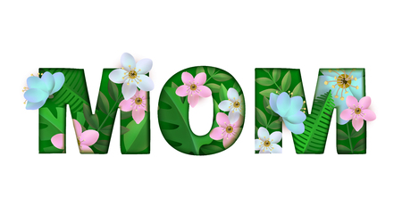 Vector illustration of Mom word floral design isolated on white background - natural letters with beautiful tender flowers and green leaves. Mother text decoration with blooms and foliage.のイラスト素材