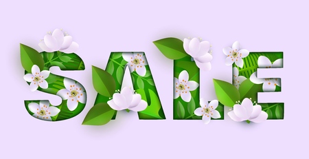 Vector sale inscription with green leaves, meadow abstract white flowers on pink background. Store, shop advertising, poster template or discounts campaign floral elementのイラスト素材