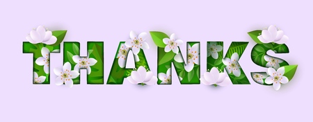 Vector thanks inscription with green leaves, meadow abstract white flowers on pink background....