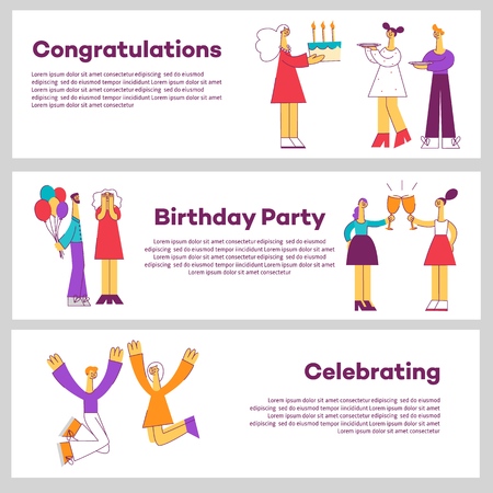 Vector illustration set of celebrating horizontal banners with various people having fun at holiday party on white background with copy space for congratulation or invitation in flat style.のイラスト素材