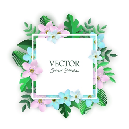 Vector spring collection poster with white frame blue pink white flowers with leaves pattern. Beautiful abstract blooming floral for romantic decoration wedding marriage or dating card vintage designのイラスト素材