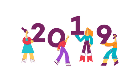 Vector funny cartoon people with 2019 new year numbers. Male, female character with smile in casual clothing holding in hands, pulling, carry huge numbers. Greeting card, corporate party designのイラスト素材