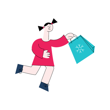 Vector stylized girl kid in winter outdoor clothing running holding present gift boxes for christmas, birthday or new year holiday celebration. Female character with surprise family, flat illustrationのイラスト素材