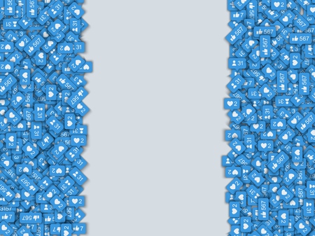 Vector illustration banner with border frame of blue 3D counter icons of likes and new followers in social network on blank background with copy space - symbols of rating and popularity scale.のイラスト素材
