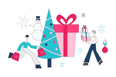 Vector flat adult man and woman running holding presents, shopping bags with purchases made during store clearance and discounts on background of decorated christmas tree, present box, snowmanのイラスト素材