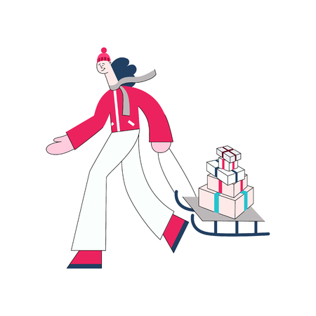 Vector stylized woman in winter outdoor clothing pulling santa sleigh full with present gift boxes for christmas, birthday or new year holiday celebration. Female character with surprise for kidsのイラスト素材