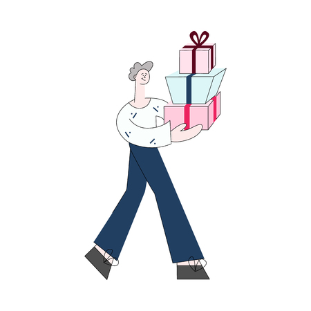 Vector illustration of young man carrying stack of wrapped gift boxes decorated with ribbons and bow - isolated flat male character giving or delivering presents in festive package.のイラスト素材