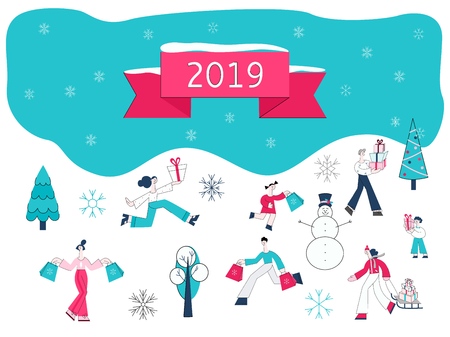 Vector illustration of Christmas and 2019 New Year banner with flat people carrying shopping bags and wrapped gift boxes surrounded by winter holidays decorative elements.のイラスト素材