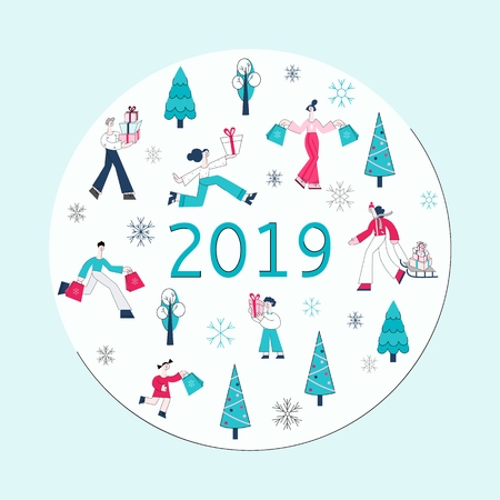 Vector illustration of Christmas and New Year banner with people carrying shopping bags and gift boxes and decorative winter holidays elements in white round shape for seasonal design in flat style.のイラスト素材