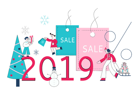 Vector 2019 winter sale concept with adult woman pulling sledge with shopping bags, purchases during store clearance and discounts, kids holding presents background of christmas tree, snowflakesのイラスト素材