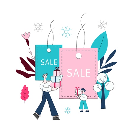Vector flat adult man and boy kids holding presents, shopping bags with purchases made during store clearance and discounts on background of shopping bags with sale inscription, snowflakesのイラスト素材
