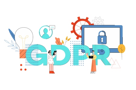 Vector illustration of GDPR word design with man and woman using computer devices surrounded by big letters and symbols of security - General Data Protection Regulation concept.のイラスト素材