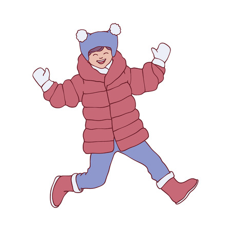 Vector sketch cheerful adult woman in warm winter or autumn clothing - jacket or coat, scarf, hat and boots having fun laughing outdoors. Female character with positive emotiongsのイラスト素材