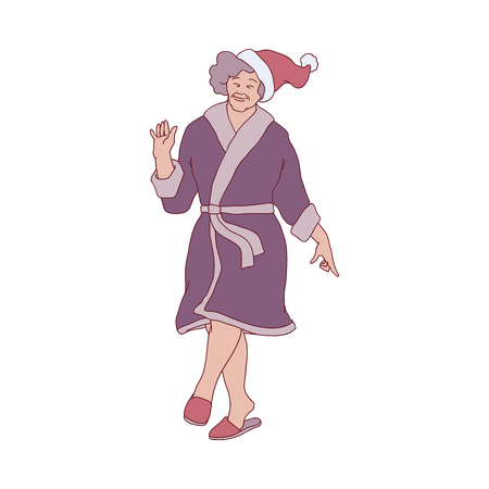 Vector sketch cheerful elderly woman in cozy leisure wear, bathrobe home clothes having fun dancing in christmas santa hat. Female character with positive emotions and xmas holiday celebrationのイラスト素材