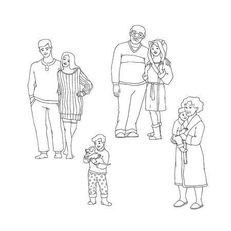 Vector illustration set of happy family members in warm winter home clothes hugging in sketch style - hand drawn people embracing and smiling indoor isolated on white background.のイラスト素材