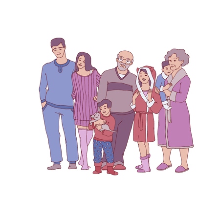 Vector sketch big family hugging at home cozy cloth standing together. Adult couple, senior parents, grandmother and grandfather, boy with puppy and girl teen kids, small baby happy charactersのイラスト素材