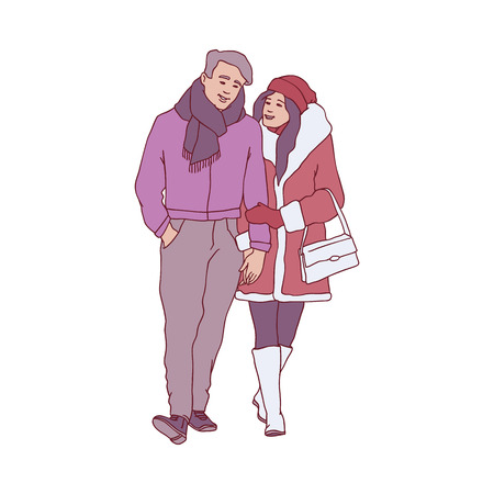 Vector sketch couple walking hugging, holding hands at winter in warm clothing, hat and boots. Adult man and woman lovers express care and love, valentines day romantic charactersのイラスト素材