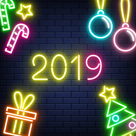 Vector illustration of 2019 New Year banner with glowing neon sign and holiday decorations on dark brick wall background in realistic style - winter holiday shining symbols for congratulation poster.のイラスト素材
